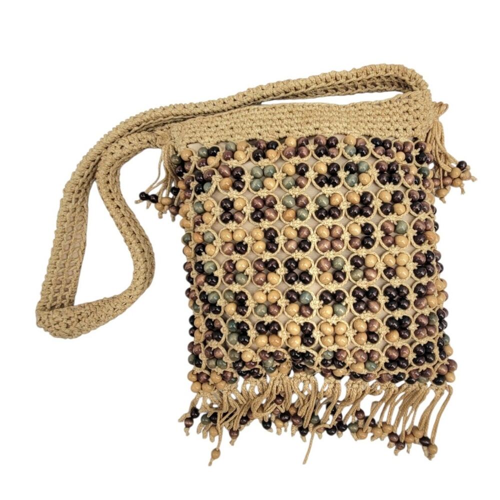 Walborg Wood Beaded Macrame Crossbody Bag Vintage Beige Fringe Boho Festival